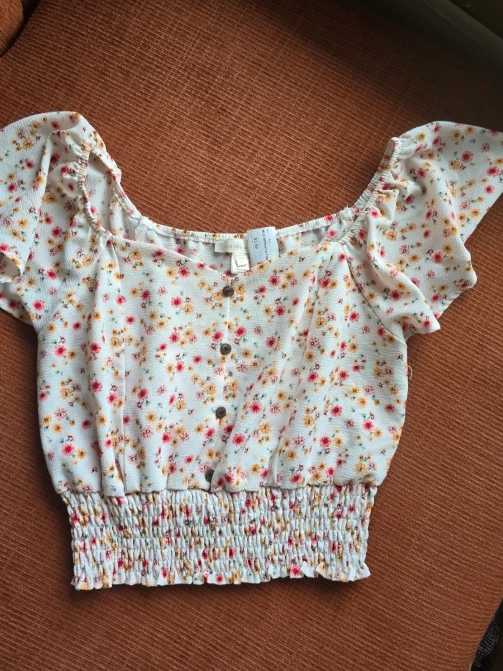 Monteau White Cropped Smocked Top with Pink & Yellow Floral Print